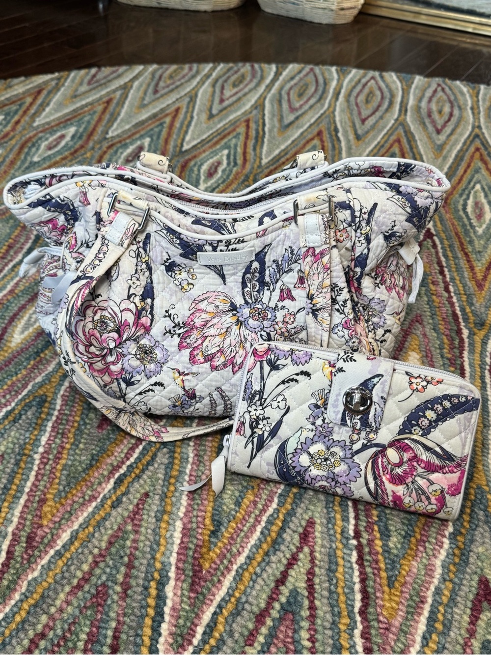 (SET OF 2)Vera Bradley Quilted Tote and Wallet - White with Pink & Purple Floral - Picture 4 of 16